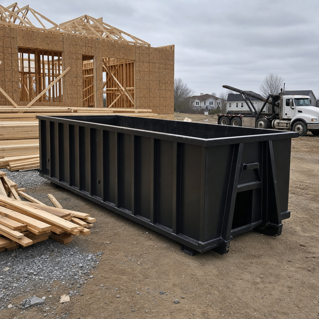 Matte-black 40-yard roll-off dumpster staged on a framed-out residential construction site in Temple City, framing lumber stacked nearby, hooklift delivery truck visible in the background under bright Colorado daylight