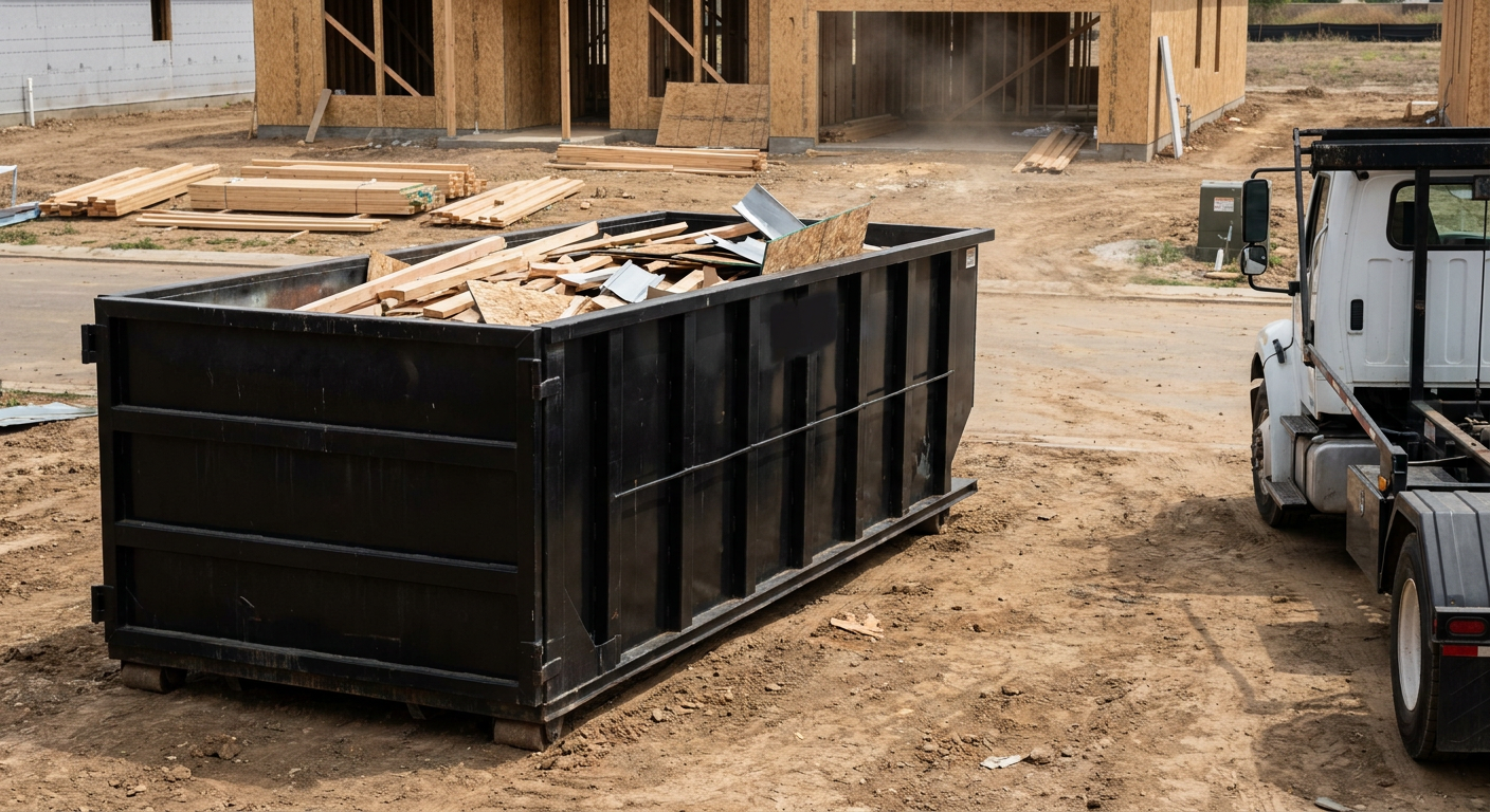 Matte-black 20-yard roll-off construction dumpster with heavy ribbed steel sidewalls and swing rear doors at a working jobsite in Temple City, sitting directly on compacted dirt with an unmarked white hauler partially visible at the far edge of the frame.