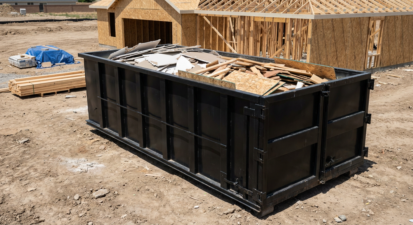 Matte-black 30-yard roll-off construction dumpster sitting directly on the compacted-dirt site of a framed single-family home build in Temple City, drywall and lumber scrap loaded inside.
