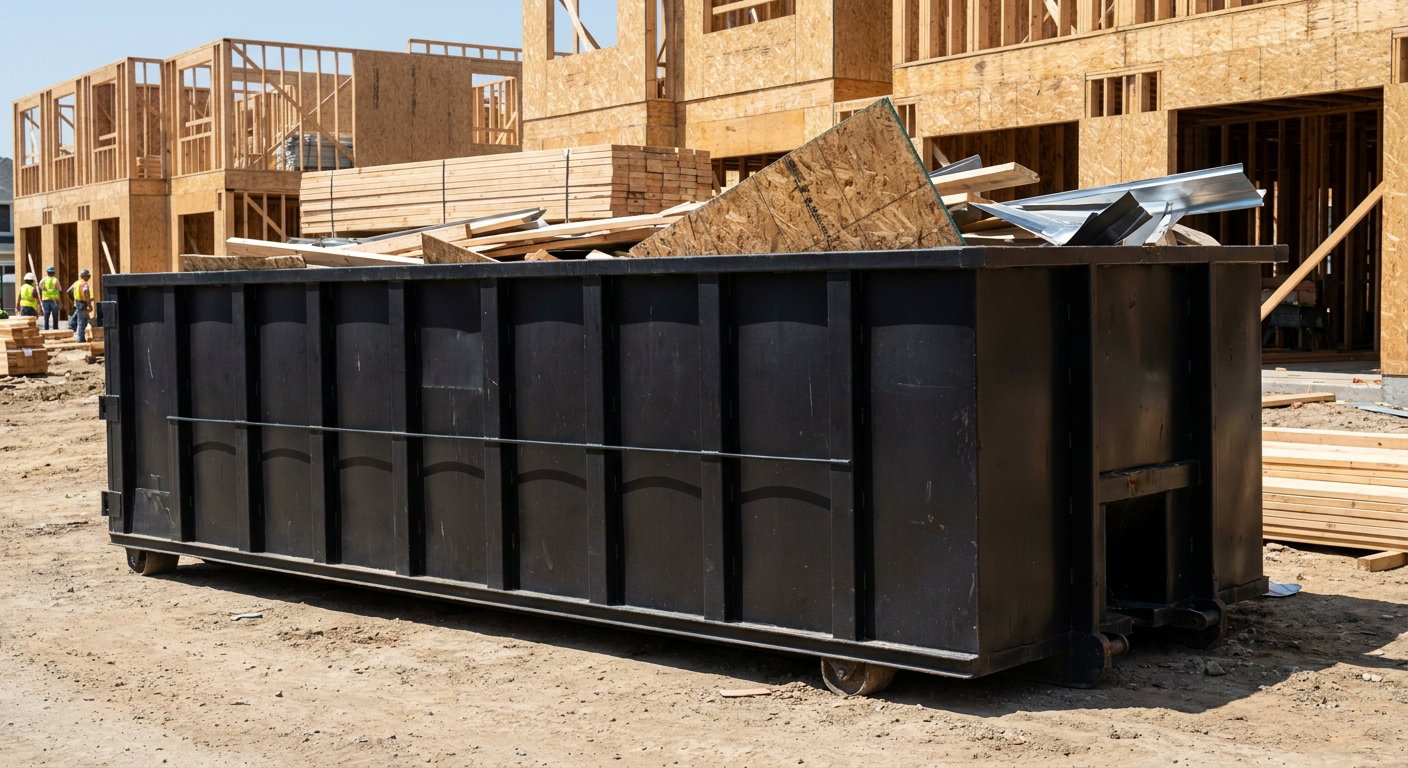 Matte-black 40-yard roll-off construction dumpster being lowered from a white-cab hooklift delivery truck onto the compacted-dirt jobsite at a commercial build site in Temple City
