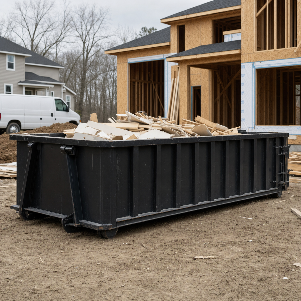 Worker in a yellow high-visibility vest tossing framing lumber and broken drywall into a matte-black 30-yard construction roll-off dumpster on an active build site in Temple City, bright daylight