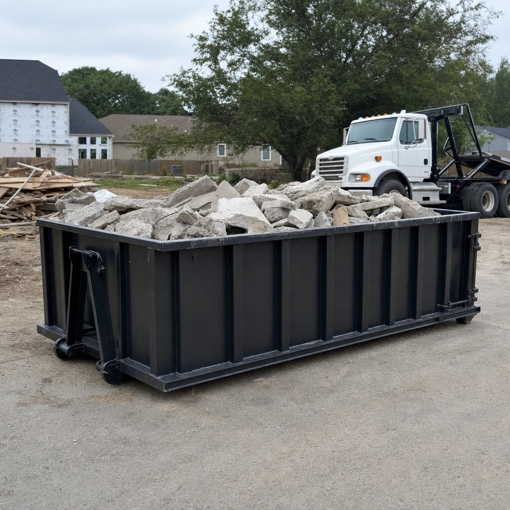 Low-profile matte-black lowboy roll-off dumpster loaded with broken concrete slab and rebar at a foundation tear-out in Temple City, skid steer parked beside it, sunny Colorado morning