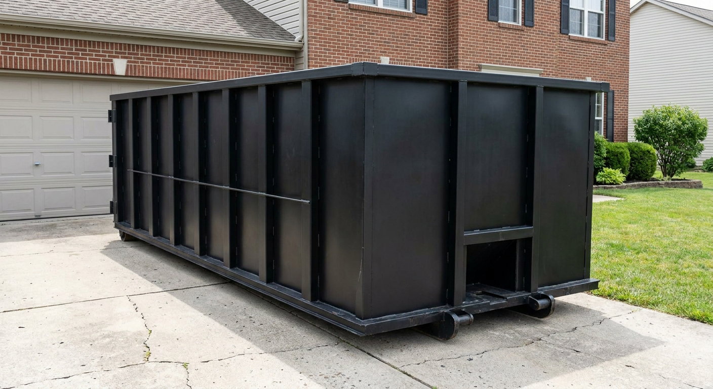 Matte-black 20-yard roll-off container on a Temple City residential concrete driveway with reinforced ribbed steel sidewalls and a hinged rear walk-in door, clean bright daylight.