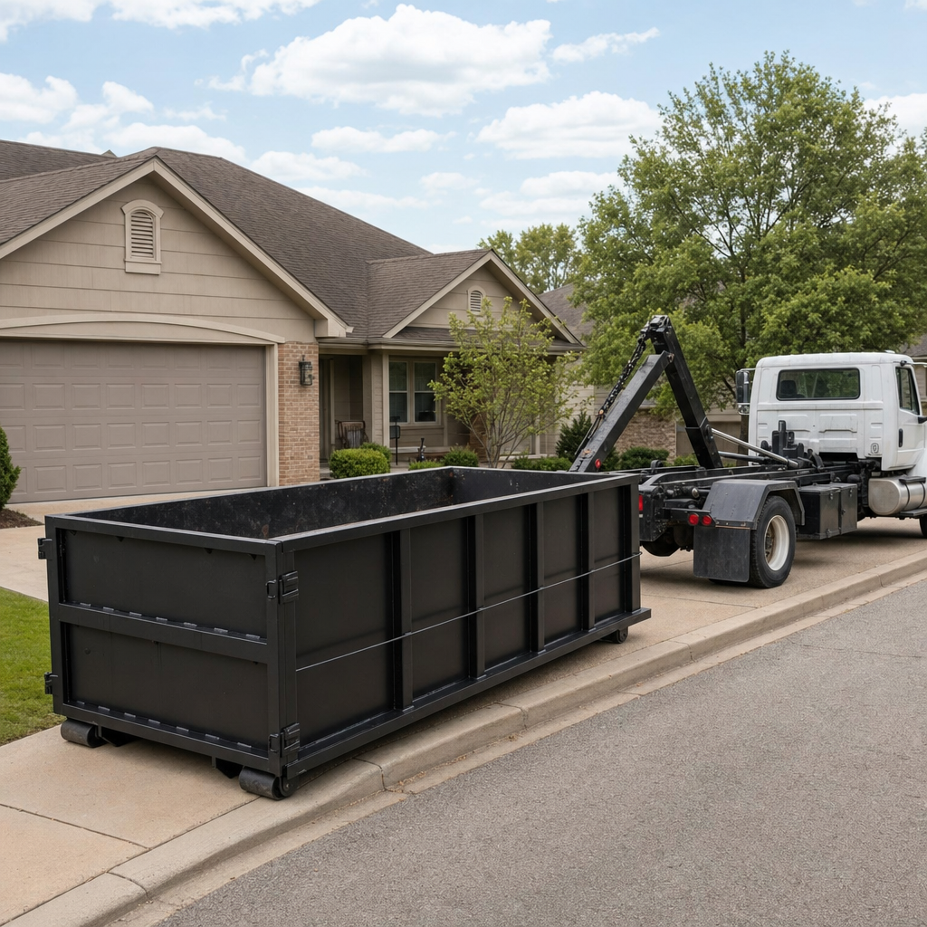 Wide documentary shot of a matte-black roll-off dumpster on a Temple City residential driveway in the foreground and a contractor jobsite container in the soft-focus background, bright daylight, calm and orderly composition.