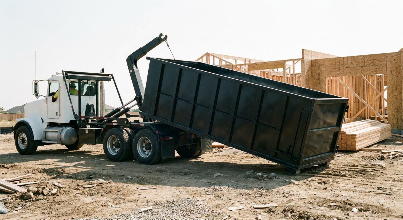Matte-black roll-off dumpster being delivered onto a clean residential concrete driveway in Temple City by an unmarked white hooklift hauler truck, bright morning daylight, documentary 35mm perspective.