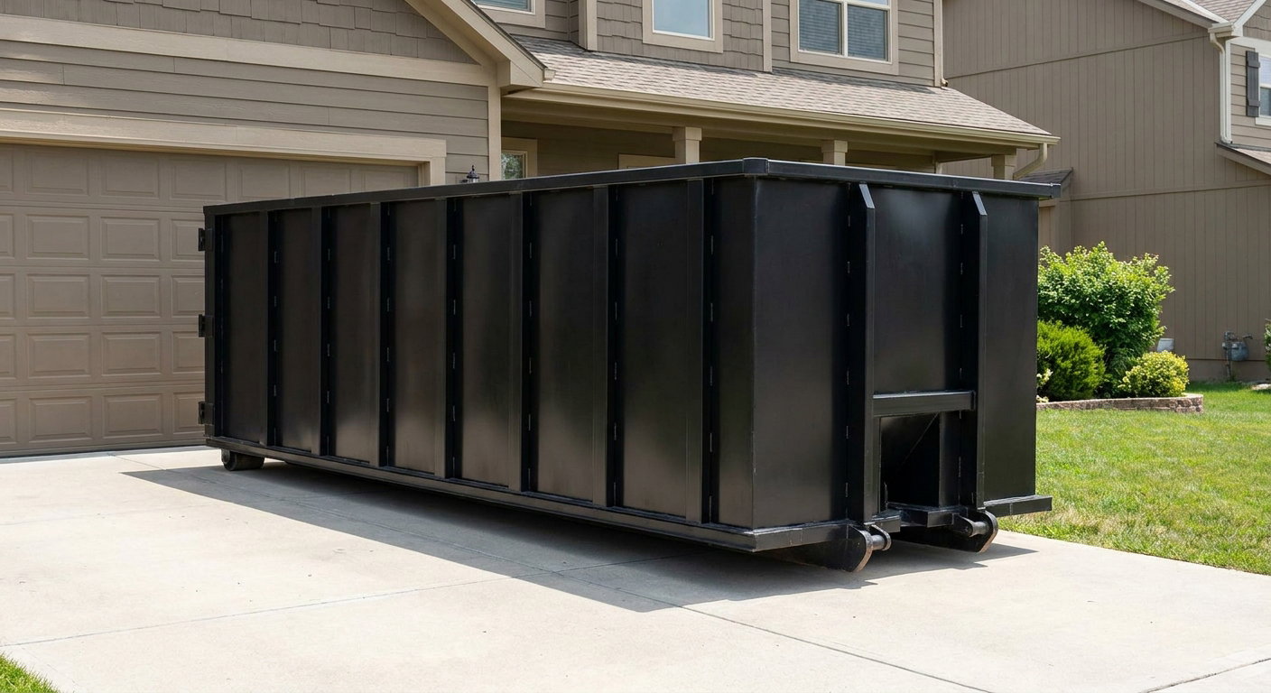 Matte-black residential roll-off dumpster sitting directly on a suburban Temple City concrete driveway, garage door closed, single-family home in background, bright morning daylight.
