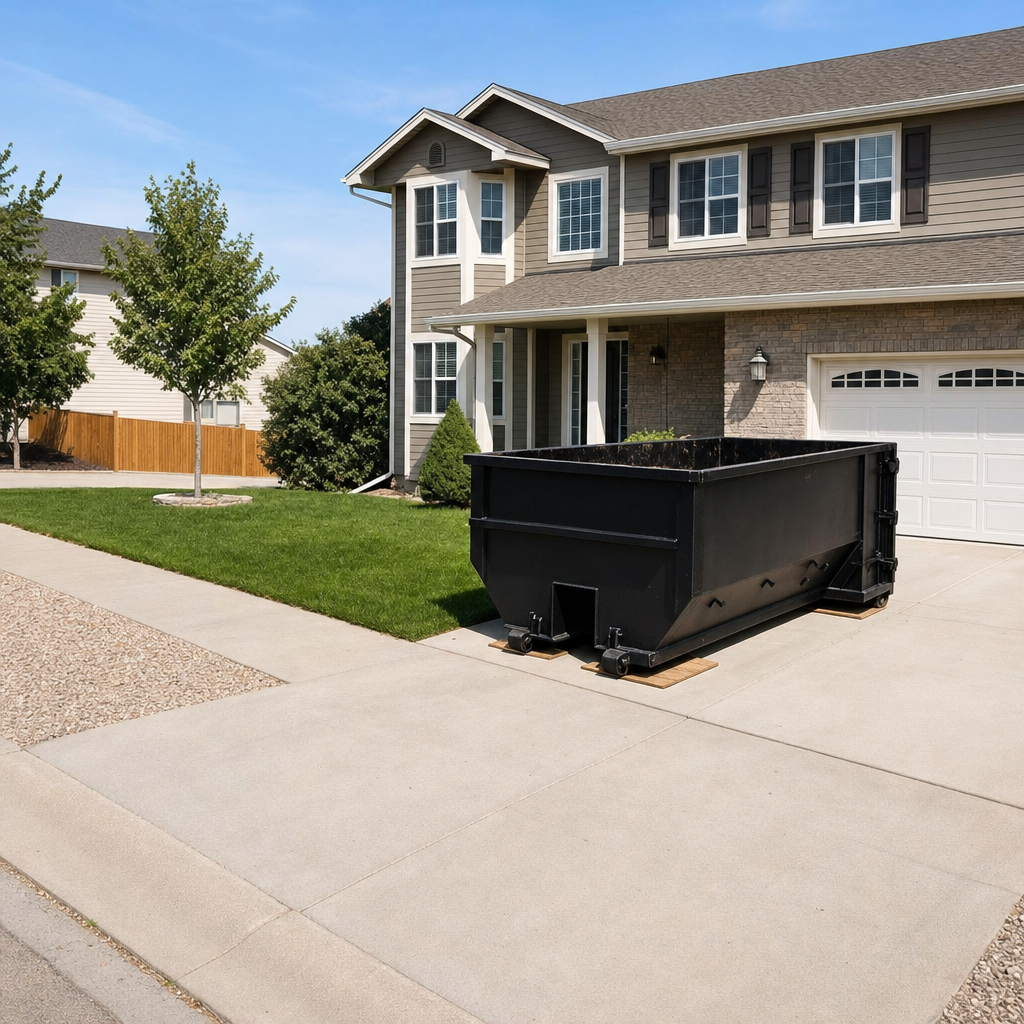 10-yard matte-black residential dumpster placed directly on a narrow Temple City concrete driveway, room remains for a parked sedan beside it, mid-morning natural light