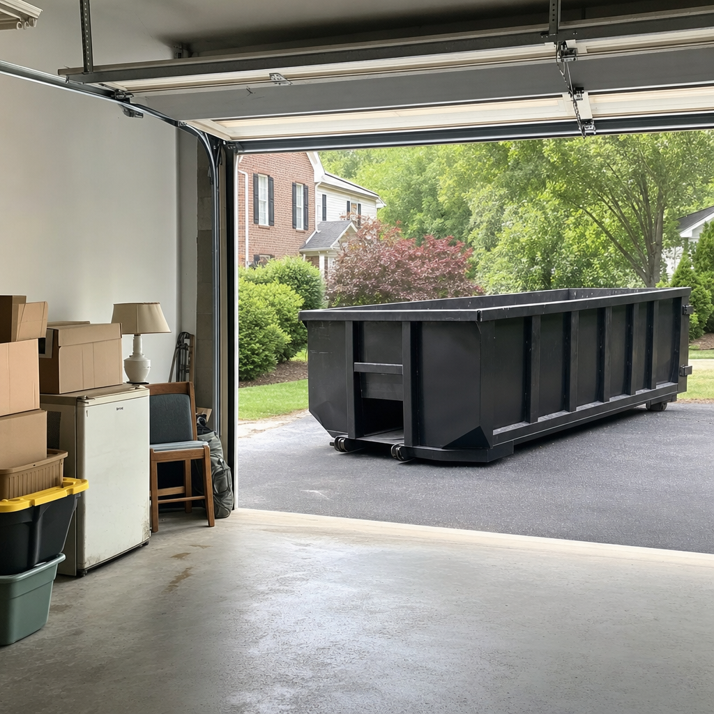 Open garage interior in a Temple City home mid-cleanout — boxed items, an old appliance, and stacked yard tools queued near the driveway for a matte-black roll-off dumpster, organized and calm