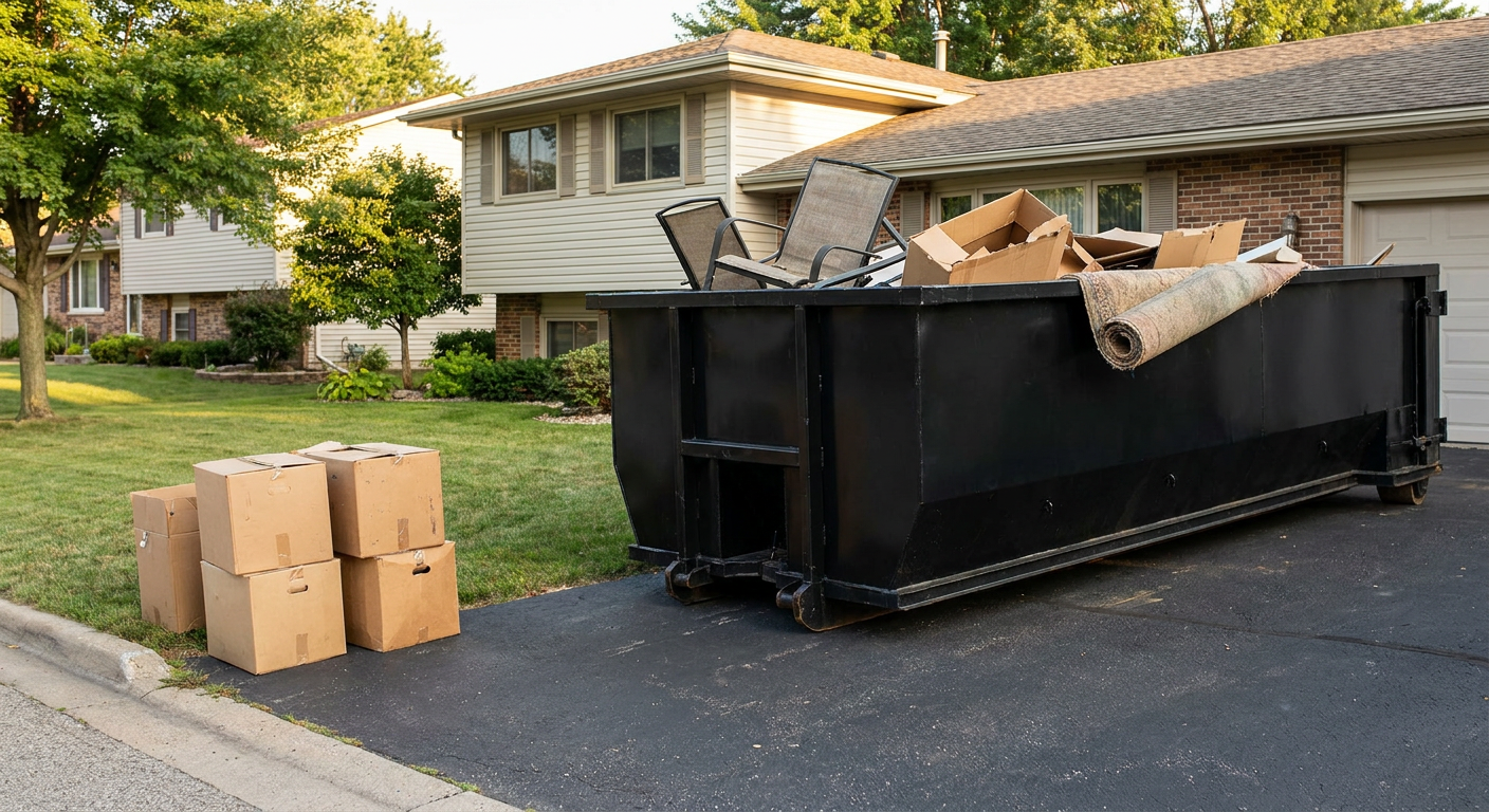 Front-yard view of a Temple City split-level home with a 20-yard matte-black roll-off dumpster sitting directly on the asphalt driveway, a few clearly labeled donation boxes staged at the curb, calm sunny afternoon.