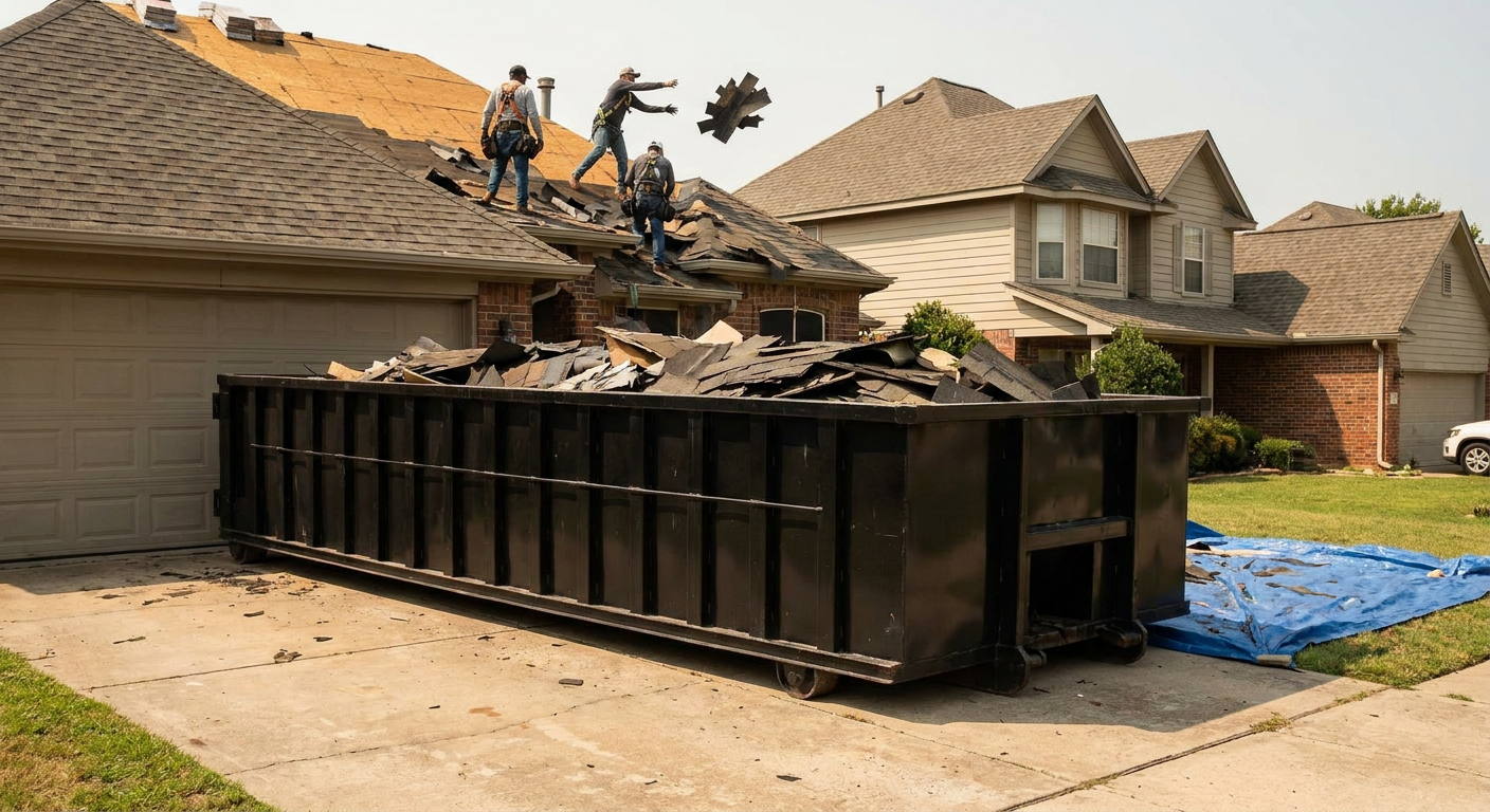 Matte-black roofing roll-off dumpster placed directly on a Temple City residential concrete driveway, a tear-off crew on a two-story asphalt-shingle roof tossing shingle bundles into the low-walled container, bright daylight, documentary 35mm perspective.