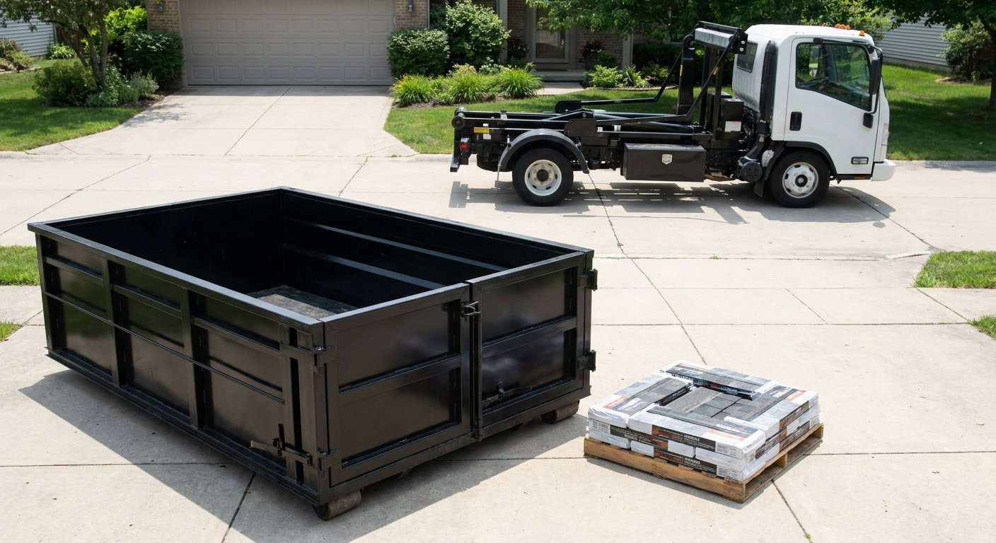 Matte-black 15-yard roofing roll-off dumpster with reinforced low side walls sitting directly on a Temple City residential concrete driveway, three-tab asphalt shingle bundles stacked nearby, an unmarked white hauler truck partially visible at the edge of the frame.