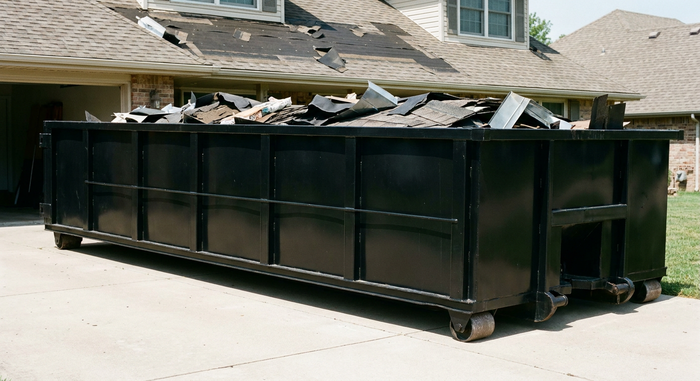 Matte-black 20-yard roofing roll-off dumpster with steel ribbed sides and swinging rear door, sitting directly on the concrete driveway of a two-story Temple City home, asphalt shingle debris being loaded over the low wall, clean documentary lighting.