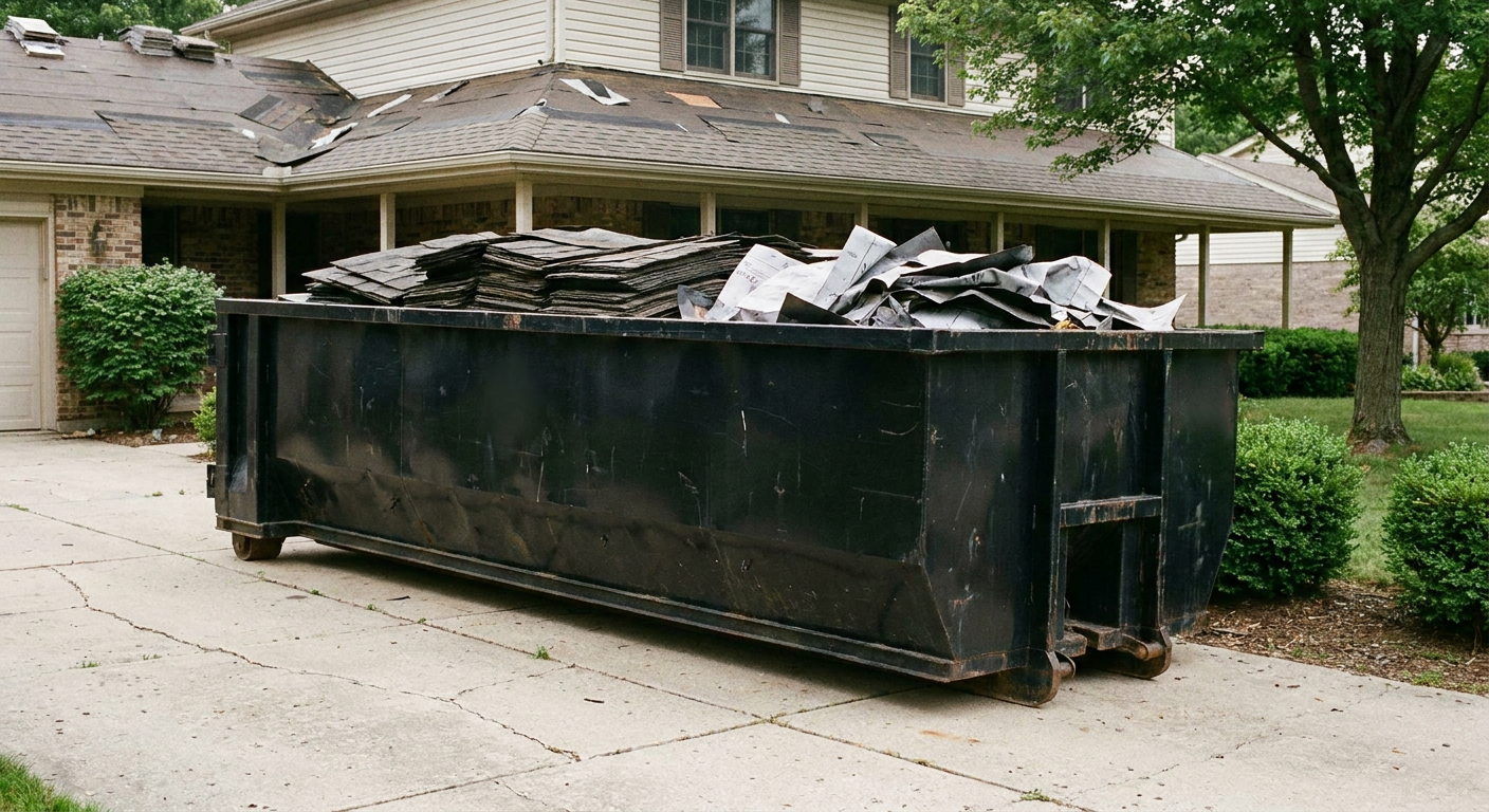 Matte-black 30-yard roofing roll-off dumpster sitting directly on a Temple City concrete driveway, taller ribbed steel side panels, mixed tear-off debris of asphalt shingles and underlayment inside, professional documentary daylight.
