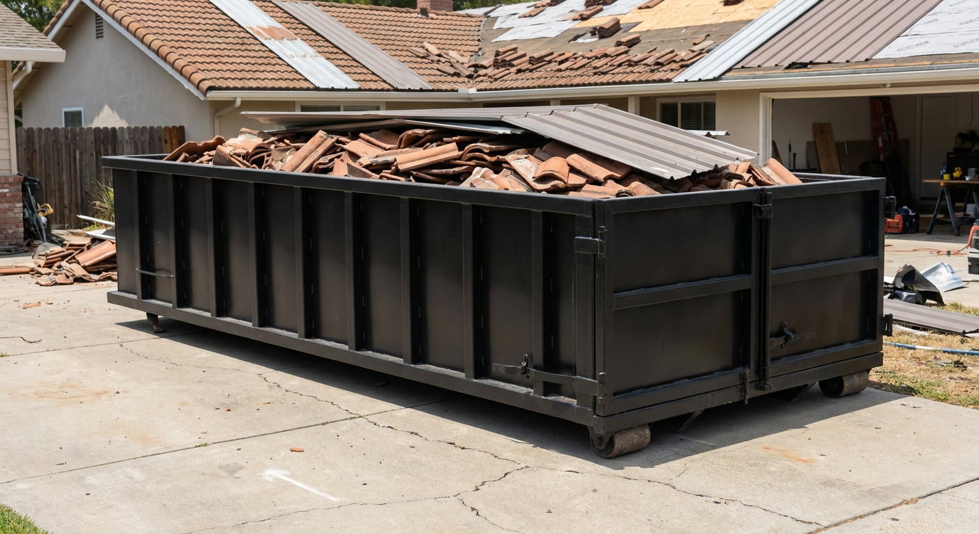 Matte-black low-wall heavy-debris roofing roll-off dumpster sitting directly on a Temple City concrete driveway, broken concrete clay roof tiles and metal panel sections loaded inside, reinforced ribbed steel side walls visible, bright outdoor daylight.