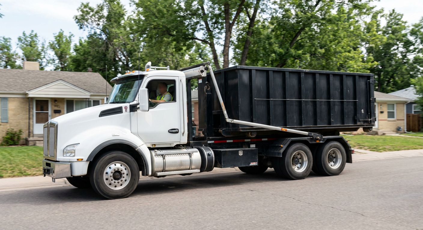 A wide documentary shot of a matte-black roll-off delivery truck pulling onto a quiet Temple City residential street at mid-morning, with neighborhood rooftops and tree-lined blocks visible behind, showing the metro coverage footprint.