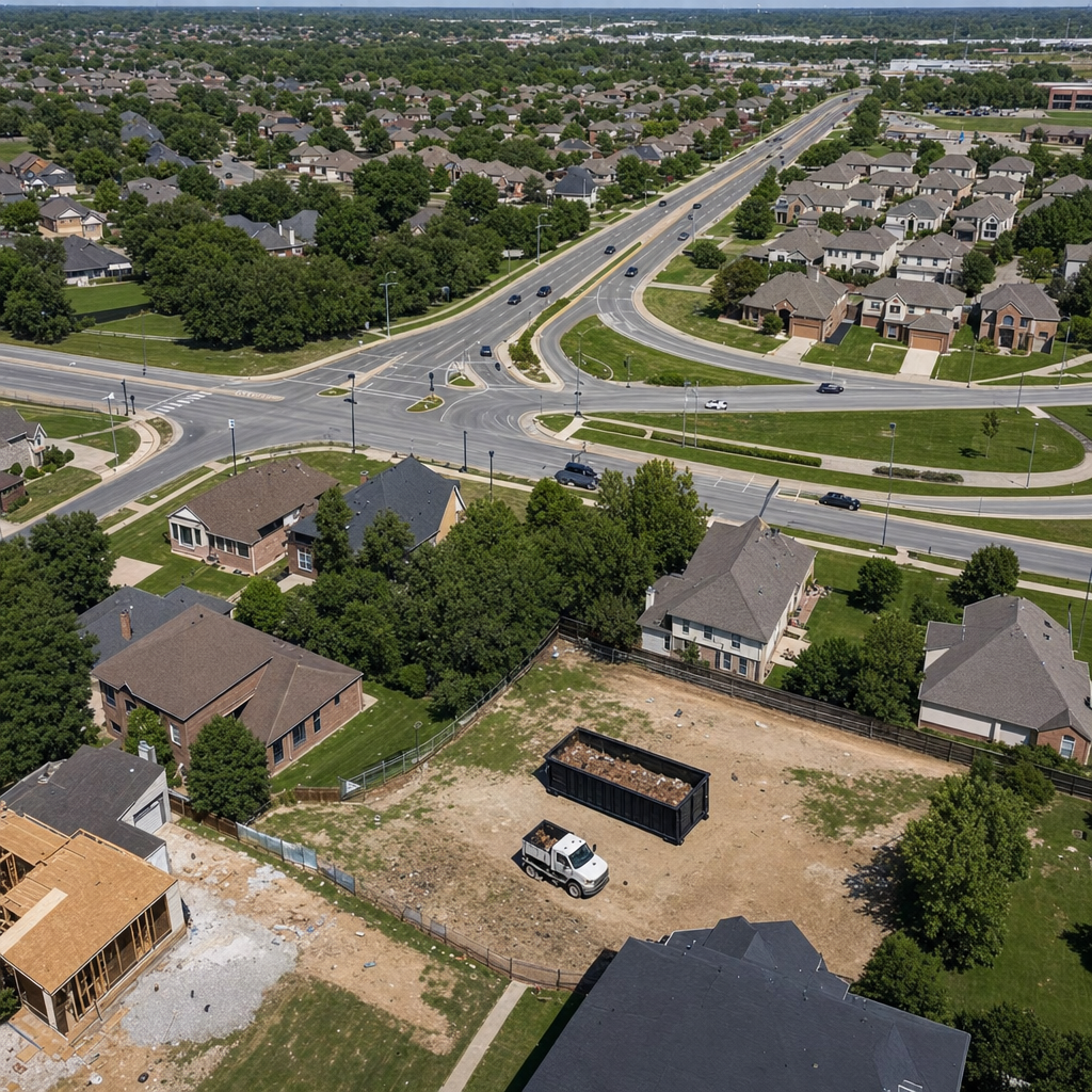 An overhead documentary view of the Temple City metro area at midday, showing the spread of neighborhoods, arterial roads, and the dispatch radius from a central yard — clean daylight, organized geographic layout.