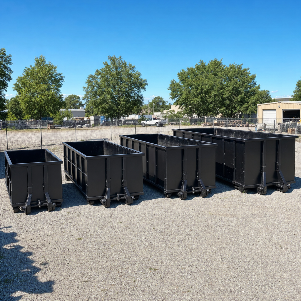 A clean lineup of matte-black roll-off dumpsters in 10, 20, 30, and 40-yard sizes staged on a sunlit gravel yard in Temple City, showing the size progression from compact to commercial-scale containers.
