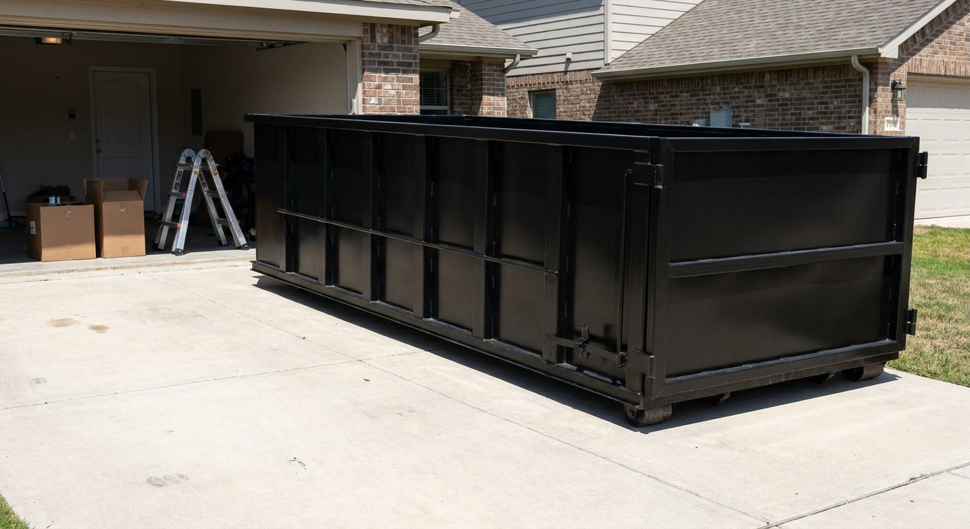 A matte-black 10-yard roll-off dumpster sitting directly on a residential Temple City concrete driveway, mid-day sunlight, clean and ready for a garage cleanout.