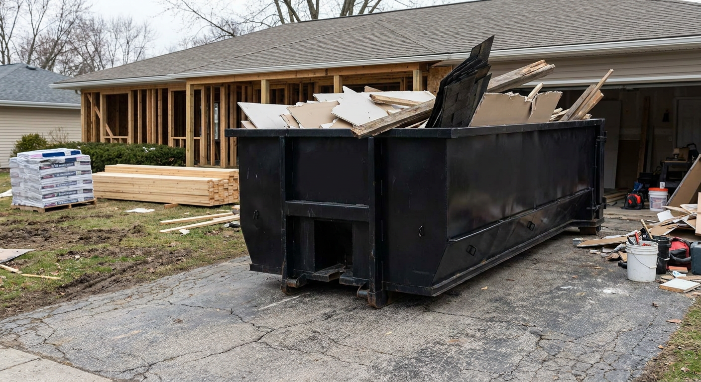 A matte-black 20-yard roll-off dumpster placed alongside a mid-renovation Temple City home directly on the asphalt driveway, with framing materials and torn-off shingles staged neatly nearby.