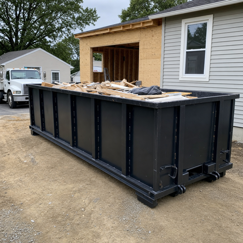 A matte-black 30-yard roll-off dumpster positioned at a Temple City residential addition jobsite, with framing lumber and drywall scraps loaded through the open swinging rear doors.