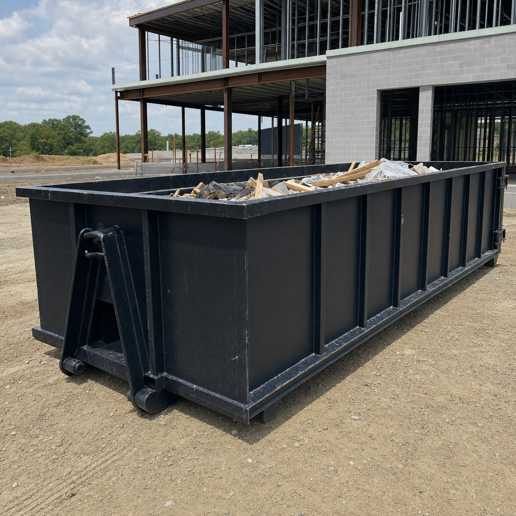 A matte-black 40-yard roll-off dumpster staged on a large Temple City commercial construction lot, with a hooklift delivery truck parked alongside under bright midday sky.