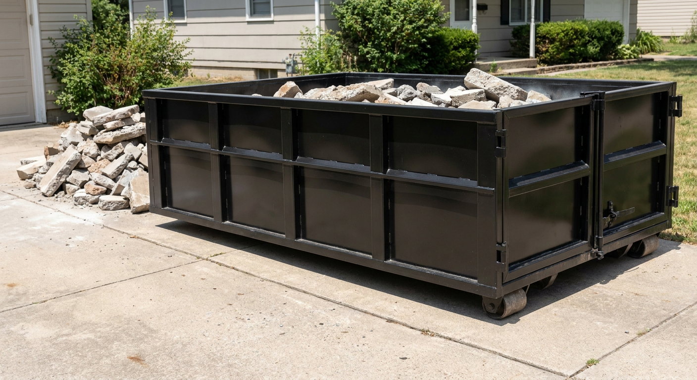 A matte-black low-side heavy-debris roll-off dumpster placed directly on a Temple City concrete driveway, with broken concrete chunks neatly stacked beside it under clean daylight.